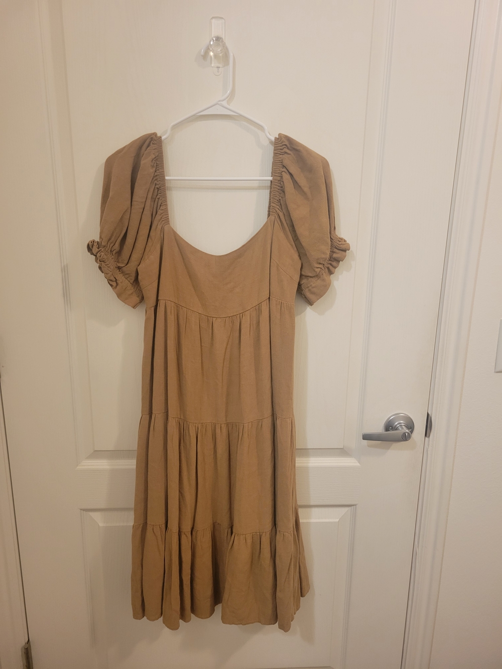 Puff-Sleeve Tiered Midi Dress in Tan